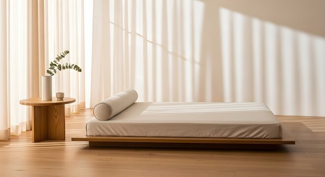 Serene Minimalist Bedroom Space Bathed in Gentle Morning Light, Promoting Calm Relaxation