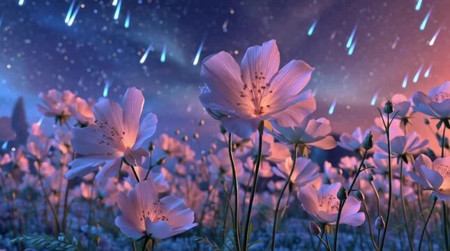 Dreamlike floral landscape under a dazzling night sky, where delicate flowers bloom beneath a spectacular shower of streaking celestial lights, creating a serene and magical scene