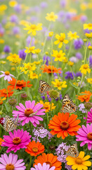 Obraz premium Field with colorful flowers and butterflies, representing natural beauty and transformation, ideal for garden, spring, and nature-related projects