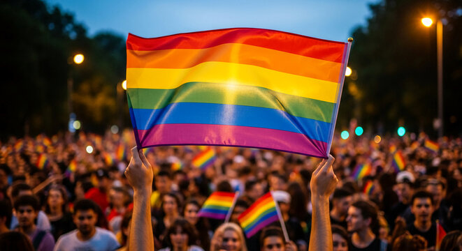 Colorful rainbow flag raised above a crowd at night, symbolizing diversity, pride, and equality, suitable for social issues and activism themes