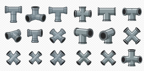 Obraz premium Set of grey pipe fittings for plumbing and industrial systems.
