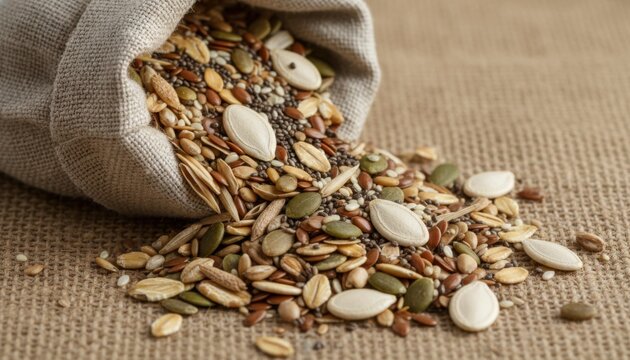 Abundant handful of assorted dried organic seeds spilling from a burlap sack onto a textured surface