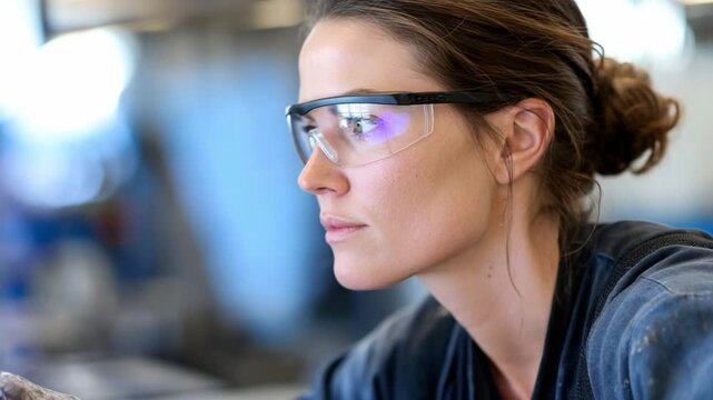 Focused Technician: A dedicated female technician, clad in safety glasses, intensely focused on a task in a modern industrial setting. This image portrays expertise and a commitment to precision.
