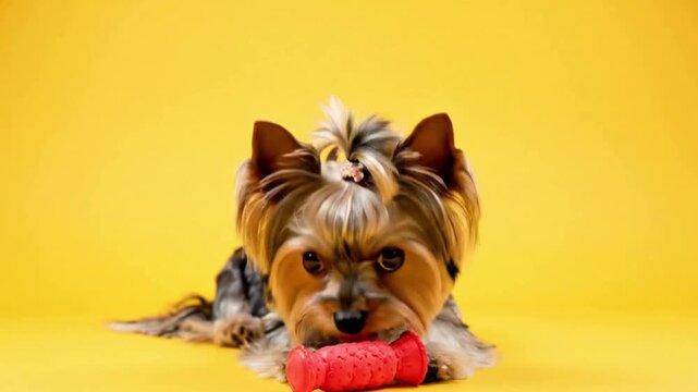 A charming small dog with distinctive multi-colored fur, elegantly styled with a cute top knot secured by a decorative tie, stands attentively against a vibrant fuchsia pink studio background. The ado