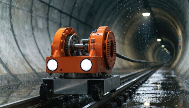 Medium shot of an automated winch robot pulling cable through a dimly lit metro tunnel with sharp focus on the device and blurred tunnel walls surrounding it