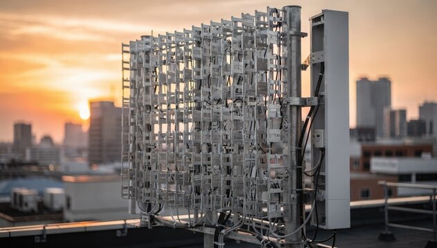 Medium shot of a 5G massive MIMO antenna array with dense radio elements sharply focused against a blurred urban city skyline during sunset.
