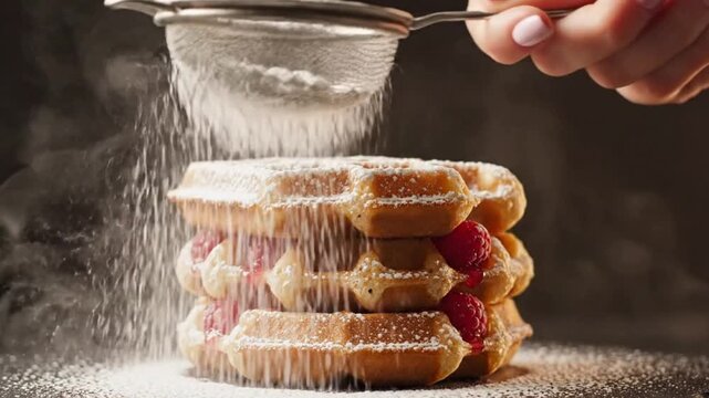 A close-up captures the delightful moment as a hand sifts delicate white powdered sugar over a tempting stack of golden-brown waffles, richly layered with fresh, vibrant red raspberries. The glistenin