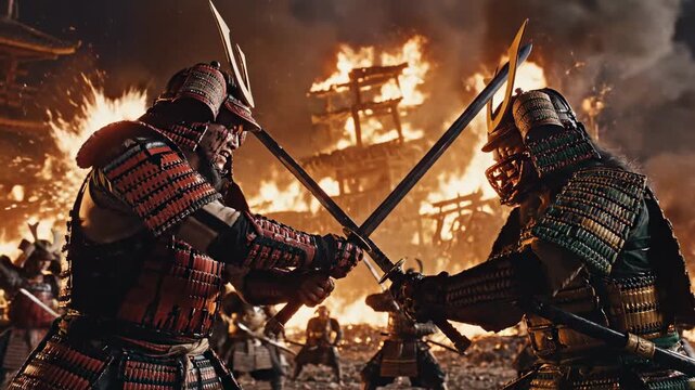 Epic Samurai Battle - Swords Clash Amidst Fiery Destruction.