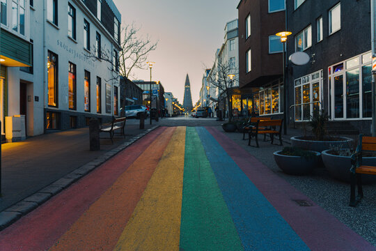 Iconic view of Hallgrimskirkja church from the Rainbow Street at sunrise.