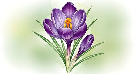 Obraz premium Beautiful purple flower with green leaves illustration