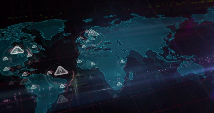 Electricity warning and electric shok hazard symbols over world map. Seamless looped technology concept.