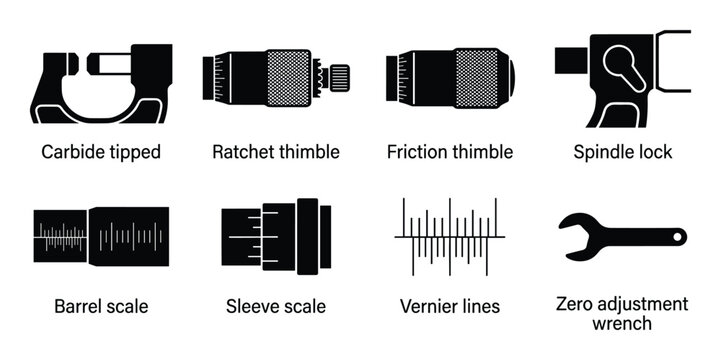 Precision micrometer parts and measurement scale icons for engineering and mechanical tool documentation