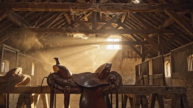 Dust motes swirl in sunlit barn interior around an old leather saddle