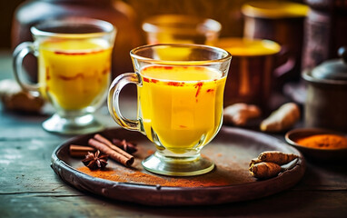 Golden turmeric latte in clear glass mugs on a wooden tray with spices on a rustic wooden table top view