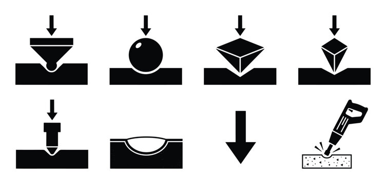 Set of black simple icons showing various types of hardness tests and demolition methods