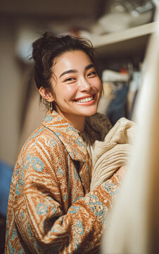 A young woman with a bright smile is holding folded clothes inside a cozy closet, radiating warmth and happiness.