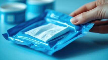 Hand holding sterile wipe, blue packaging, clean background, medical use