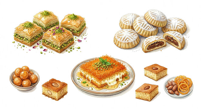 PNG cut out isolated background. A hand-drawn watercolor collection of traditional Middle Eastern desserts, featuring pistachio baklava, maamoul cookies, kunafa, basbousa, and sweet dough balls.