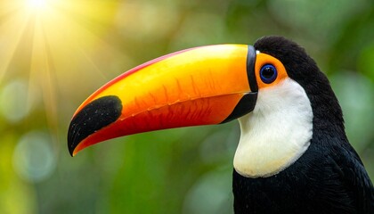 Fototapeta premium Vibrant Toucan with a striking orange and yellow beak in close-up profile, illuminated by sunlight in a lush tropical jungle environment.
