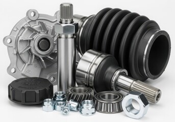 A comprehensive collection of automotive parts including a power steering pump and various components isolated on white background