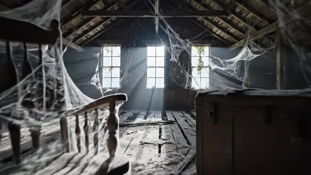 Dusty attic with spiderwebs and an old rocking chair bathed in light