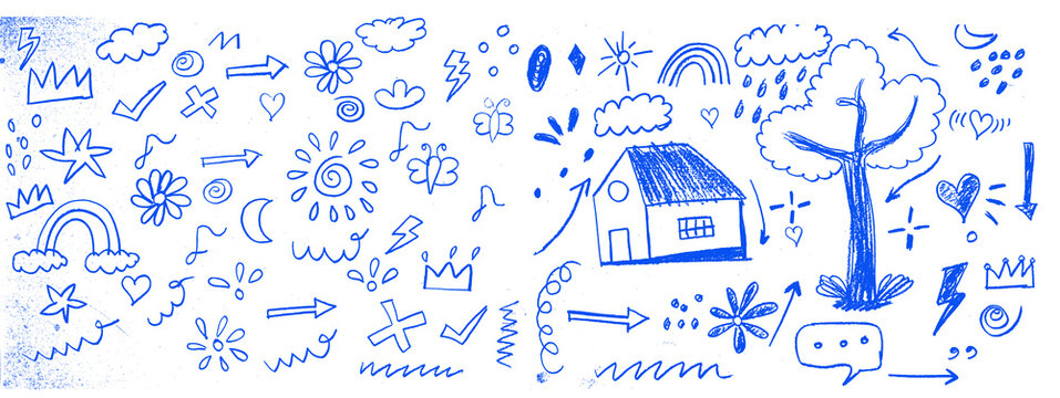 Hand drawn blue highlights, underlines and emphasis crayon elements. Blue pen check marks, ovals and school notebook vector shapes for hand drawn notes. Checkered paper sheet.