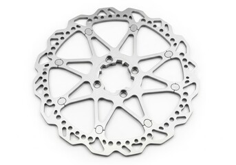Close-up view of a silver bicycle disc brake rotor with intricate design details isolated on white background
