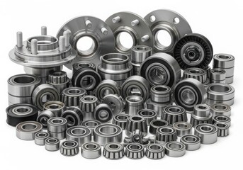 A diverse collection of various types of ball bearings and roller bearings. isolated on white background