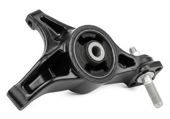 Close-up view of a black suspension strut mount with a central rubber bushing. isolated on white background