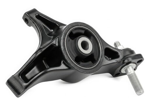 Close-up view of a black suspension strut mount with a central rubber bushing. isolated on white background