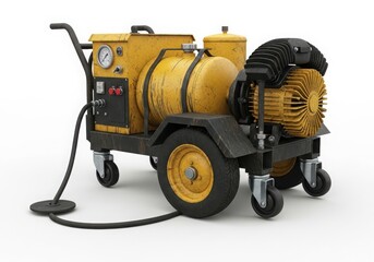Industrial air compressor with wheels and hose attachment for heavy-duty use isolated on white background