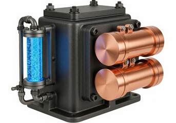 Close-up view of a modern industrial heat exchanger with copper tubes and a blue filter. isolated on white background