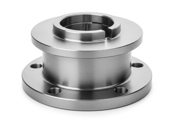 A close-up view of a stainless steel flange with a threaded connection. isolated on white background