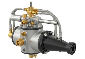 Close-up view of a complex mechanical device with various components and connections. isolated on white background