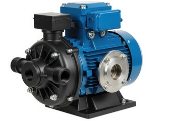 Blue industrial electric motor with black base and visible internal components isolated on white background