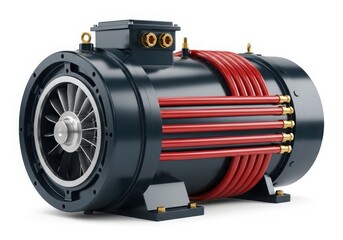 Fototapeta premium High performance electric motor with red cables and a black casing isolated on white background