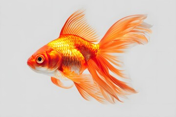 Fototapeta premium High-res image of an orange goldfish with flowing fins on white background.