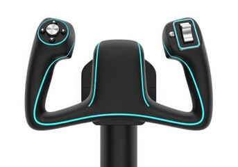 Modern gaming steering wheel with vibrant blue accents and integrated controls isolated on white background