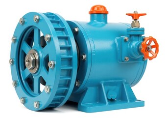 Industrial centrifugal pump with blue casing and orange handles on white background isolated on white background