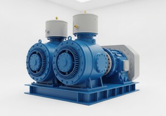 Large industrial blue dual motor pump system on a blue base. isolated on white background