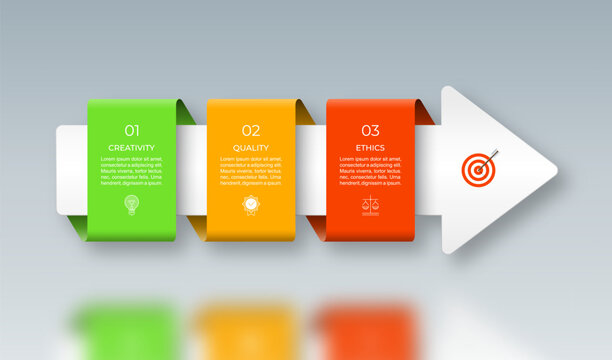 Infographic vector timeline template designed as a right-facing arrow with three step-by-step color blocks for text, icons, and numbers. Suitable for for web, diagram, chart, graph, presentation.