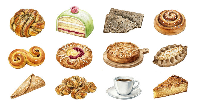 PNG cut out isolated background. A hand-drawn watercolor collection of traditional Nordic baked goods, featuring a princess cake, cinnamon buns, saffron bun, crispbread, almond tart, and a cup.