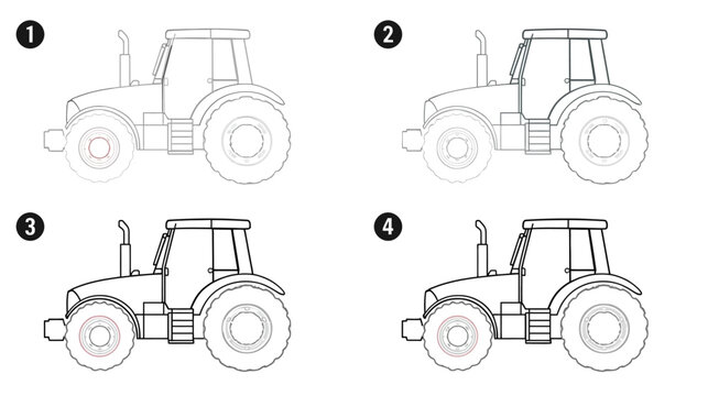 Simple Tractor Illustration in 4 Stages for Coloring Book