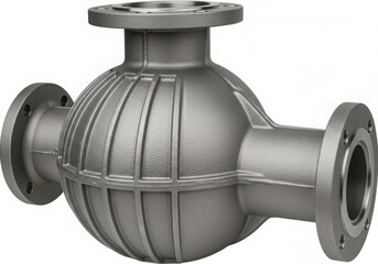 A close-up view of a metallic pipe fitting with a spherical body and threaded connections. isolated on white background