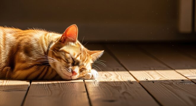 A serene close-up of a furry feline napping peacefully in a warm sunbeam on a rustic wooden floor, exuding a comforting home atmosphere with ample room for text, warm, soft, adorable