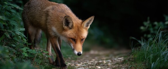 Fototapeta premium Curious red fox cautiously sniffing the fragrant scent along a shaded woodland path