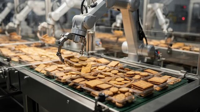 Delta robots quickly sorting crackers of various shapes into packaging trays with highspeed movements showcasing advanced automation efficiency in snack manufacturing.