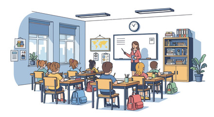 teacher writing on whiteboard in classroom with students © Wild