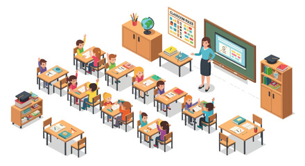teacher and students in classroom with desks and blackboard © Wild
