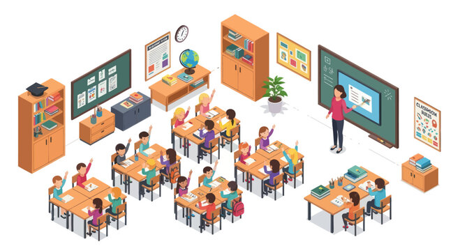 isometric classroom with students and teacher learning
